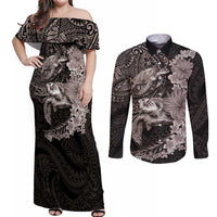 Hawaiian Plumeria and Hibiscus with Turtles Couples Matching Off Shoulder Maxi Dress and Long Sleeve Button Shirt Polynesian Art Grayscale LT03 Black - Polynesian Pride