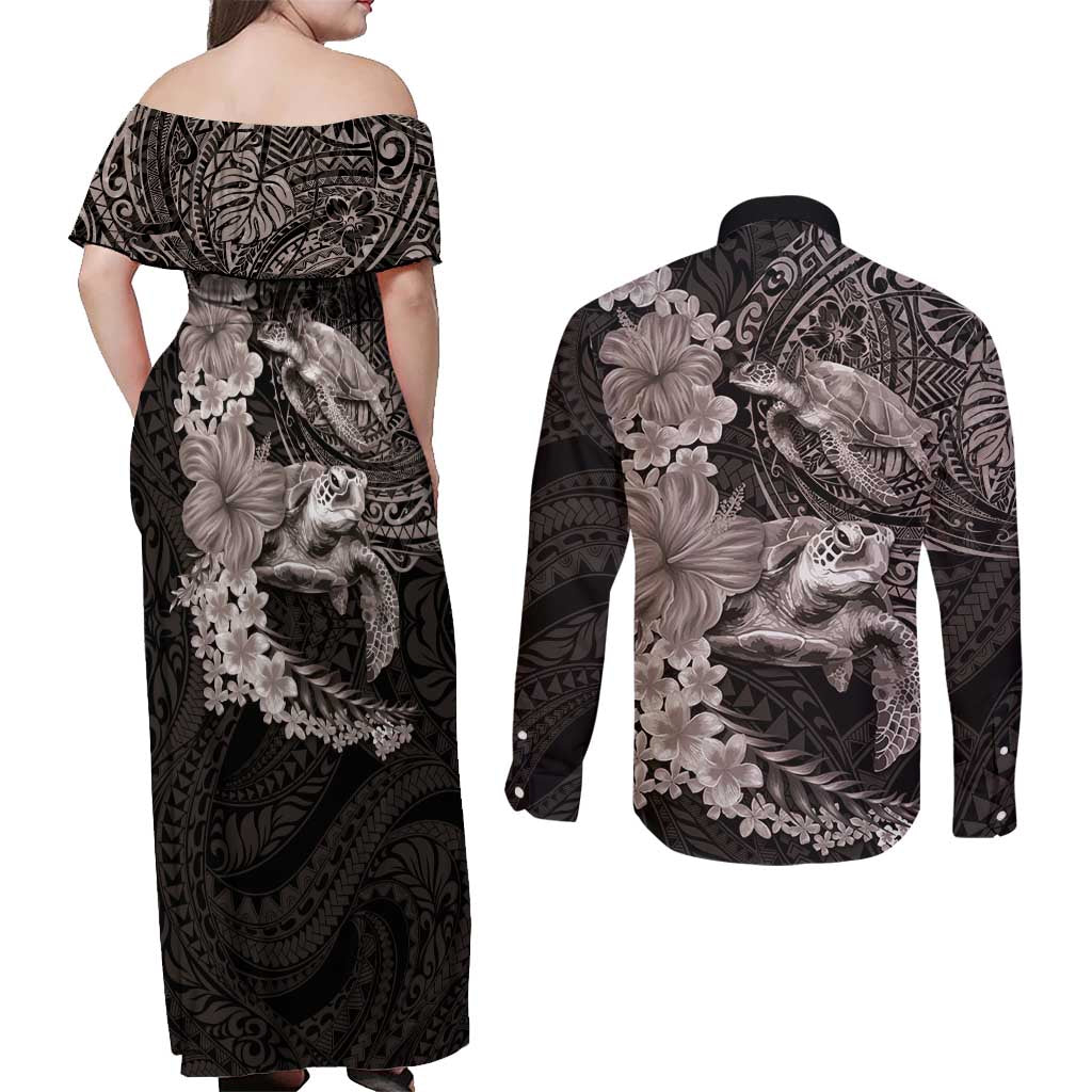 Hawaiian Plumeria and Hibiscus with Turtles Couples Matching Off Shoulder Maxi Dress and Long Sleeve Button Shirt Polynesian Art Grayscale LT03 - Polynesian Pride