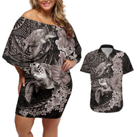 Hawaiian Plumeria and Hibiscus with Turtles Couples Matching Off Shoulder Short Dress and Hawaiian Shirt Polynesian Art Grayscale LT03 Black - Polynesian Pride
