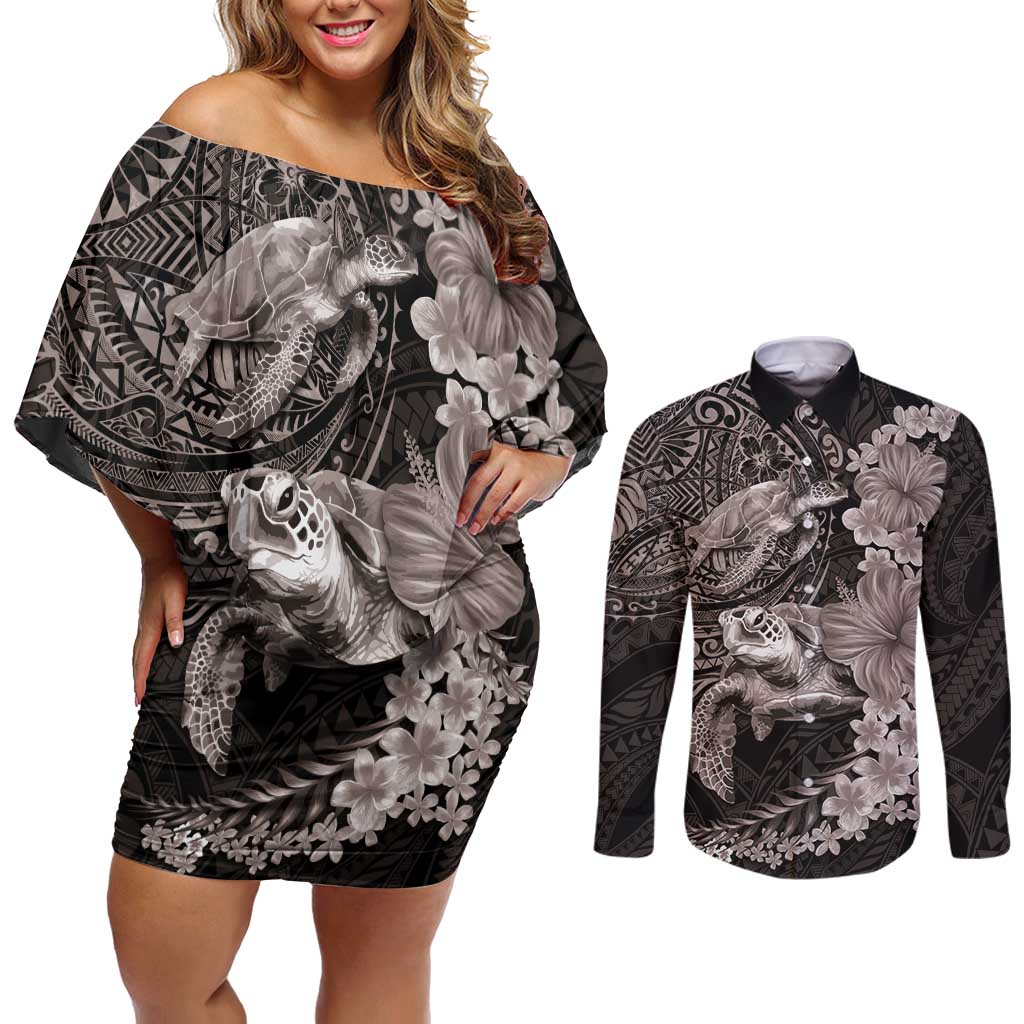Hawaiian Plumeria and Hibiscus with Turtles Couples Matching Off Shoulder Short Dress and Long Sleeve Button Shirt Polynesian Art Grayscale LT03 Black - Polynesian Pride