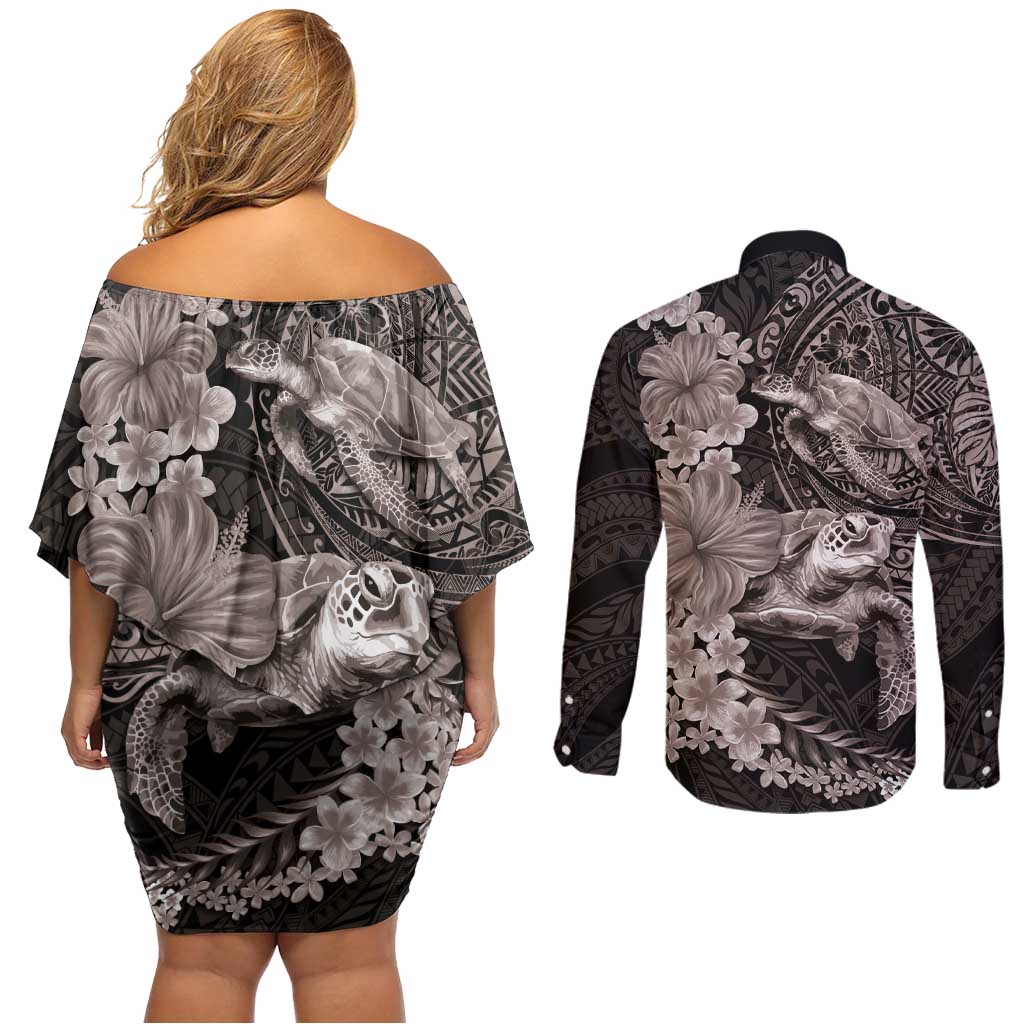Hawaiian Plumeria and Hibiscus with Turtles Couples Matching Off Shoulder Short Dress and Long Sleeve Button Shirt Polynesian Art Grayscale LT03 - Polynesian Pride