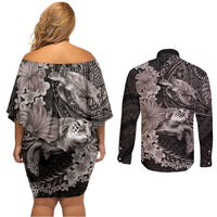 Hawaiian Plumeria and Hibiscus with Turtles Couples Matching Off Shoulder Short Dress and Long Sleeve Button Shirt Polynesian Art Grayscale LT03 - Polynesian Pride
