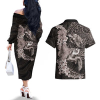 Hawaiian Plumeria and Hibiscus with Turtles Couples Matching Off The Shoulder Long Sleeve Dress and Hawaiian Shirt Polynesian Art Grayscale LT03 - Polynesian Pride