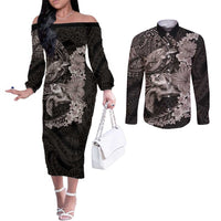 Hawaiian Plumeria and Hibiscus with Turtles Couples Matching Off The Shoulder Long Sleeve Dress and Long Sleeve Button Shirt Polynesian Art Grayscale LT03 Black - Polynesian Pride