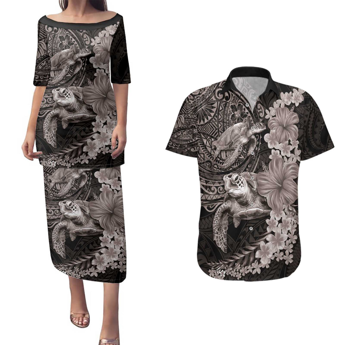 Hawaiian Plumeria and Hibiscus with Turtles Couples Matching Puletasi and Hawaiian Shirt Polynesian Art Grayscale LT03 Black - Polynesian Pride