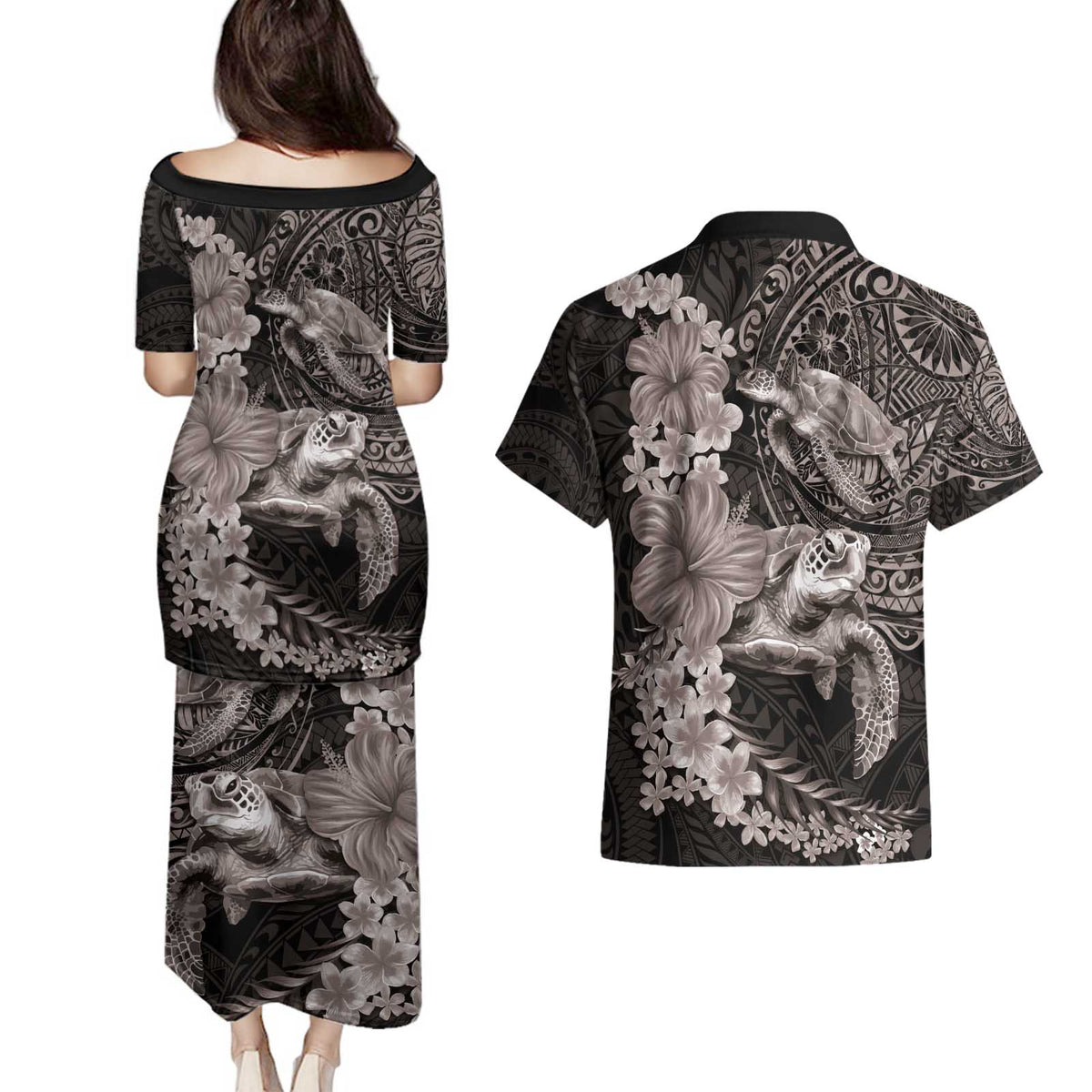 Hawaiian Plumeria and Hibiscus with Turtles Couples Matching Puletasi and Hawaiian Shirt Polynesian Art Grayscale LT03 - Polynesian Pride