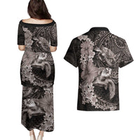 Hawaiian Plumeria and Hibiscus with Turtles Couples Matching Puletasi and Hawaiian Shirt Polynesian Art Grayscale LT03 - Polynesian Pride