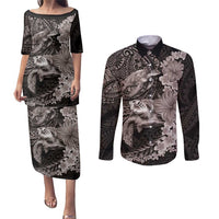 Hawaiian Plumeria and Hibiscus with Turtles Couples Matching Puletasi and Long Sleeve Button Shirt Polynesian Art Grayscale LT03 Black - Polynesian Pride