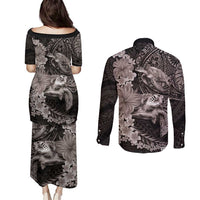 Hawaiian Plumeria and Hibiscus with Turtles Couples Matching Puletasi and Long Sleeve Button Shirt Polynesian Art Grayscale LT03 - Polynesian Pride