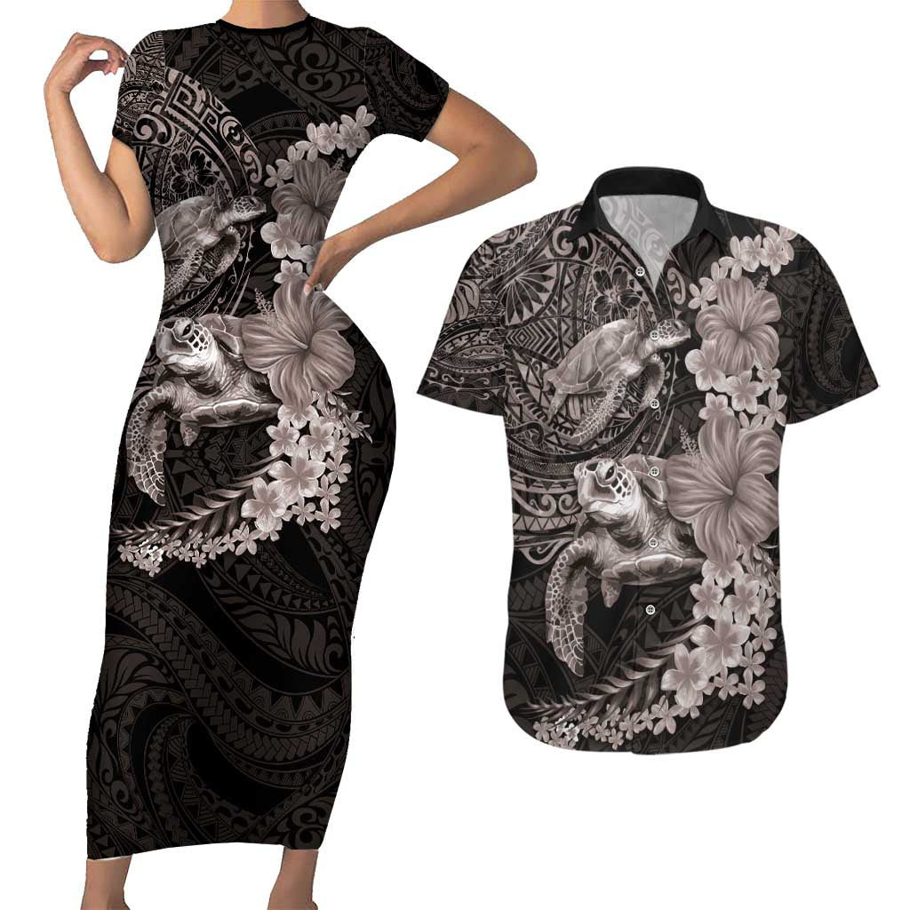 Hawaiian Plumeria and Hibiscus with Turtles Couples Matching Short Sleeve Bodycon Dress and Hawaiian Shirt Polynesian Art Grayscale LT03 Black - Polynesian Pride