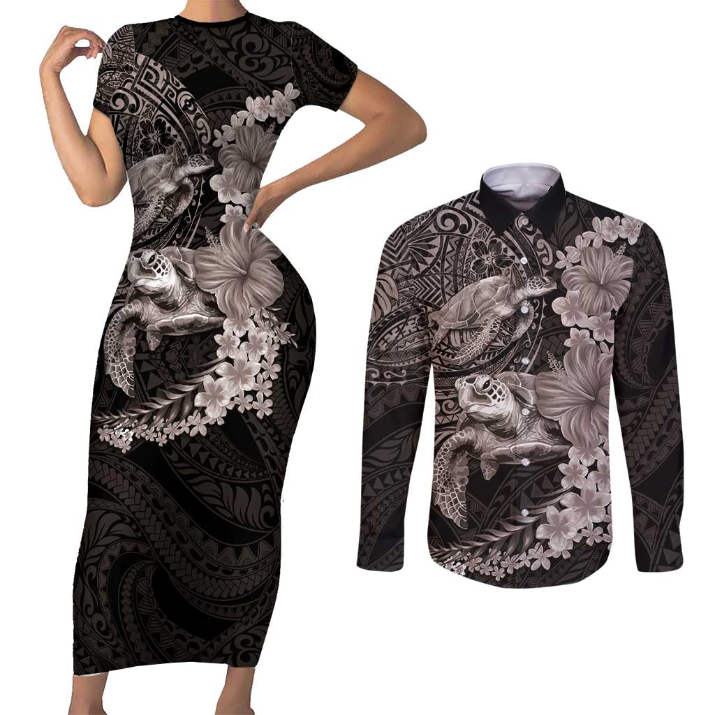 Hawaiian Plumeria and Hibiscus with Turtles Couples Matching Short Sleeve Bodycon Dress and Long Sleeve Button Shirt Polynesian Art Grayscale LT03 Black - Polynesian Pride
