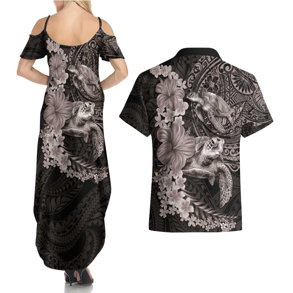 Hawaiian Plumeria and Hibiscus with Turtles Couples Matching Summer Maxi Dress and Hawaiian Shirt Polynesian Art Grayscale LT03 - Polynesian Pride