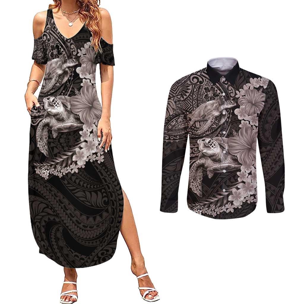 Hawaiian Plumeria and Hibiscus with Turtles Couples Matching Summer Maxi Dress and Long Sleeve Button Shirt Polynesian Art Grayscale LT03 Black - Polynesian Pride
