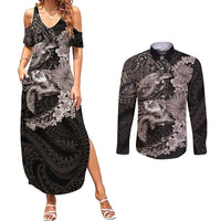 Hawaiian Plumeria and Hibiscus with Turtles Couples Matching Summer Maxi Dress and Long Sleeve Button Shirt Polynesian Art Grayscale LT03 Black - Polynesian Pride