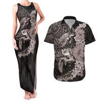 Hawaiian Plumeria and Hibiscus with Turtles Couples Matching Tank Maxi Dress and Hawaiian Shirt Polynesian Art Grayscale LT03 Black - Polynesian Pride