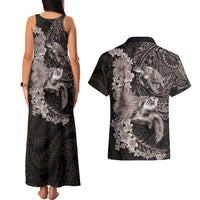 Hawaiian Plumeria and Hibiscus with Turtles Couples Matching Tank Maxi Dress and Hawaiian Shirt Polynesian Art Grayscale LT03 - Polynesian Pride