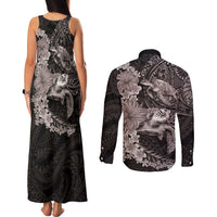 Hawaiian Plumeria and Hibiscus with Turtles Couples Matching Tank Maxi Dress and Long Sleeve Button Shirt Polynesian Art Grayscale LT03 - Polynesian Pride