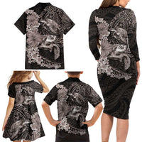 Hawaiian Plumeria and Hibiscus with Turtles Family Matching Long Sleeve Bodycon Dress and Hawaiian Shirt Polynesian Art Grayscale LT03 - Polynesian Pride