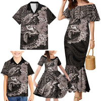 Hawaiian Plumeria and Hibiscus with Turtles Family Matching Mermaid Dress and Hawaiian Shirt Polynesian Art Grayscale LT03 - Polynesian Pride