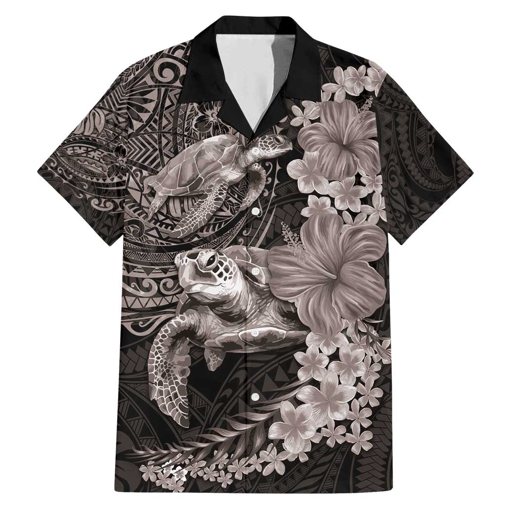 Hawaiian Plumeria and Hibiscus with Turtles Family Matching Mermaid Dress and Hawaiian Shirt Polynesian Art Grayscale LT03 Dad's Shirt - Short Sleeve Black - Polynesian Pride