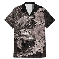 Hawaiian Plumeria and Hibiscus with Turtles Family Matching Mermaid Dress and Hawaiian Shirt Polynesian Art Grayscale LT03 Dad's Shirt - Short Sleeve Black - Polynesian Pride