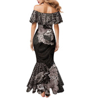 Hawaiian Plumeria and Hibiscus with Turtles Family Matching Mermaid Dress and Hawaiian Shirt Polynesian Art Grayscale LT03 - Polynesian Pride