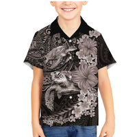 Hawaiian Plumeria and Hibiscus with Turtles Family Matching Mermaid Dress and Hawaiian Shirt Polynesian Art Grayscale LT03 Son's Shirt Black - Polynesian Pride