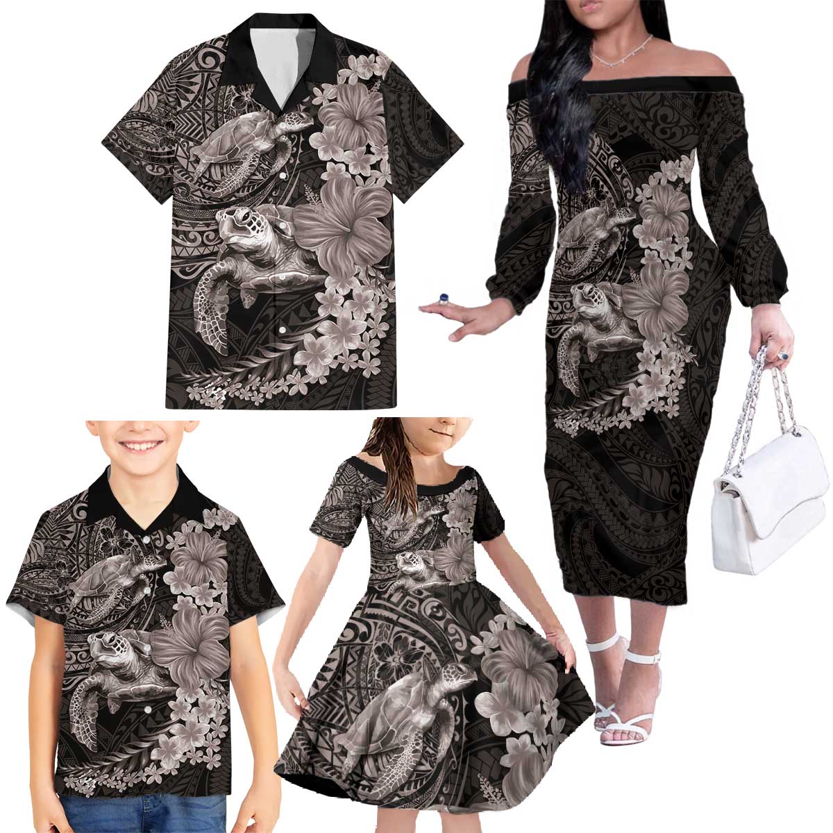 Hawaiian Plumeria and Hibiscus with Turtles Family Matching Off The Shoulder Long Sleeve Dress and Hawaiian Shirt Polynesian Art Grayscale LT03 - Polynesian Pride