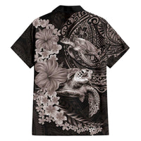 Hawaiian Plumeria and Hibiscus with Turtles Family Matching Off The Shoulder Long Sleeve Dress and Hawaiian Shirt Polynesian Art Grayscale LT03 - Polynesian Pride