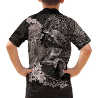Hawaiian Plumeria and Hibiscus with Turtles Family Matching Off Shoulder Maxi Dress and Hawaiian Shirt Polynesian Art Grayscale LT03 - Polynesian Pride