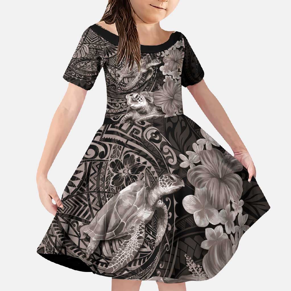 Hawaiian Plumeria and Hibiscus with Turtles Family Matching Off Shoulder Maxi Dress and Hawaiian Shirt Polynesian Art Grayscale LT03 Daughter's Dress Black - Polynesian Pride