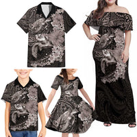 Hawaiian Plumeria and Hibiscus with Turtles Family Matching Off Shoulder Maxi Dress and Hawaiian Shirt Polynesian Art Grayscale LT03 - Polynesian Pride