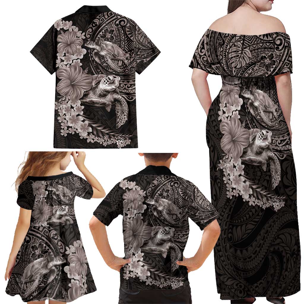 Hawaiian Plumeria and Hibiscus with Turtles Family Matching Off Shoulder Maxi Dress and Hawaiian Shirt Polynesian Art Grayscale LT03 - Polynesian Pride