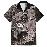 Hawaiian Plumeria and Hibiscus with Turtles Family Matching Off Shoulder Maxi Dress and Hawaiian Shirt Polynesian Art Grayscale LT03 Dad's Shirt - Short Sleeve Black - Polynesian Pride