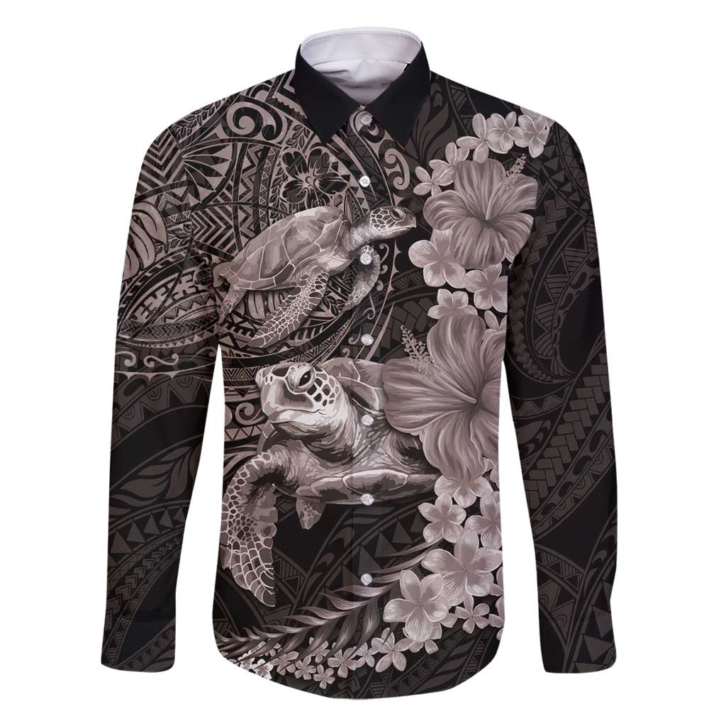 Hawaiian Plumeria and Hibiscus with Turtles Family Matching Off Shoulder Maxi Dress and Hawaiian Shirt Polynesian Art Grayscale LT03 Dad's Shirt - Long Sleeve Black - Polynesian Pride