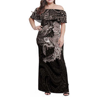 Hawaiian Plumeria and Hibiscus with Turtles Family Matching Off Shoulder Maxi Dress and Hawaiian Shirt Polynesian Art Grayscale LT03 Mom's Dress Black - Polynesian Pride
