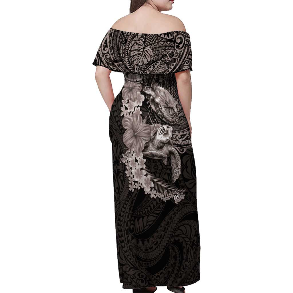 Hawaiian Plumeria and Hibiscus with Turtles Family Matching Off Shoulder Maxi Dress and Hawaiian Shirt Polynesian Art Grayscale LT03 - Polynesian Pride
