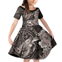 Hawaiian Plumeria and Hibiscus with Turtles Family Matching Off Shoulder Short Dress and Hawaiian Shirt Polynesian Art Grayscale LT03 Daughter's Dress Black - Polynesian Pride