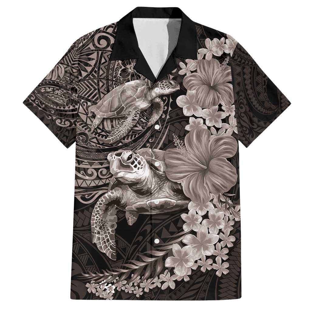 Hawaiian Plumeria and Hibiscus with Turtles Family Matching Off Shoulder Short Dress and Hawaiian Shirt Polynesian Art Grayscale LT03 Dad's Shirt - Short Sleeve Black - Polynesian Pride