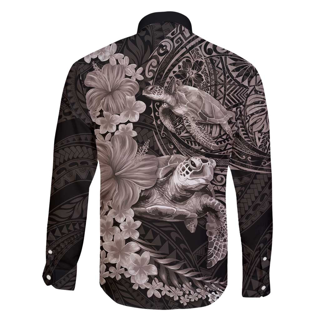 Hawaiian Plumeria and Hibiscus with Turtles Family Matching Off Shoulder Short Dress and Hawaiian Shirt Polynesian Art Grayscale LT03 - Polynesian Pride
