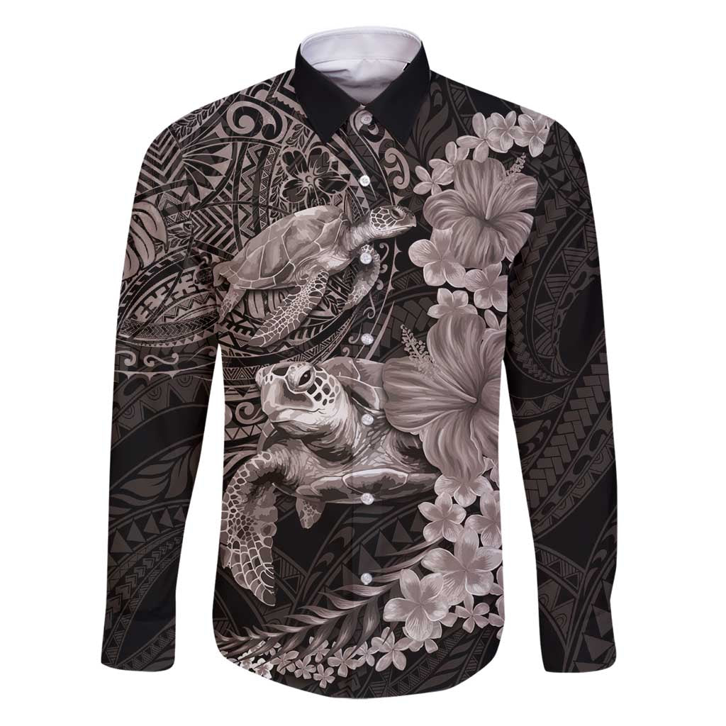 Hawaiian Plumeria and Hibiscus with Turtles Family Matching Puletasi and Hawaiian Shirt Polynesian Art Grayscale LT03 Dad's Shirt - Long Sleeve Black - Polynesian Pride