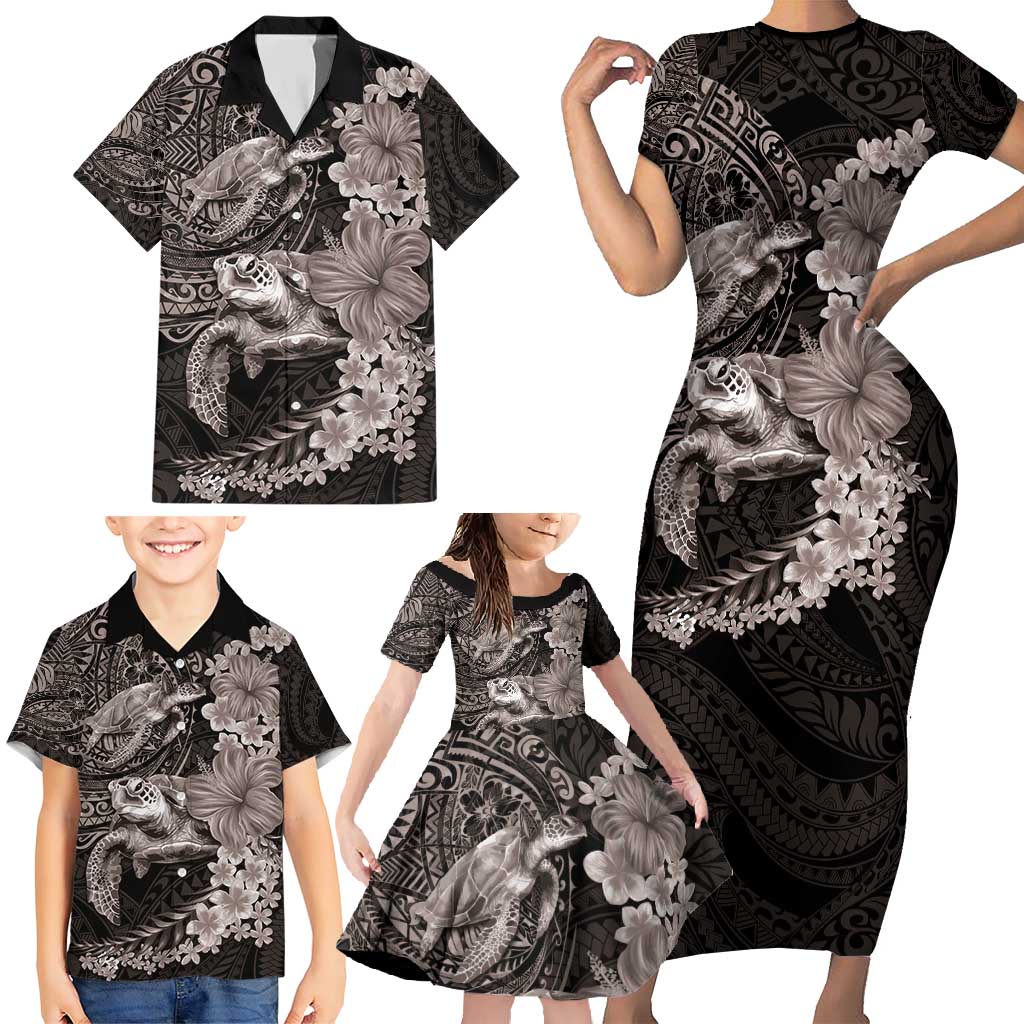 Hawaiian Plumeria and Hibiscus with Turtles Family Matching Short Sleeve Bodycon Dress and Hawaiian Shirt Polynesian Art Grayscale LT03 - Polynesian Pride
