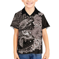 Hawaiian Plumeria and Hibiscus with Turtles Family Matching Short Sleeve Bodycon Dress and Hawaiian Shirt Polynesian Art Grayscale LT03 Son's Shirt Black - Polynesian Pride