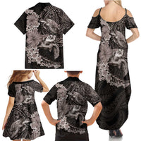 Hawaiian Plumeria and Hibiscus with Turtles Family Matching Summer Maxi Dress and Hawaiian Shirt Polynesian Art Grayscale LT03 - Polynesian Pride