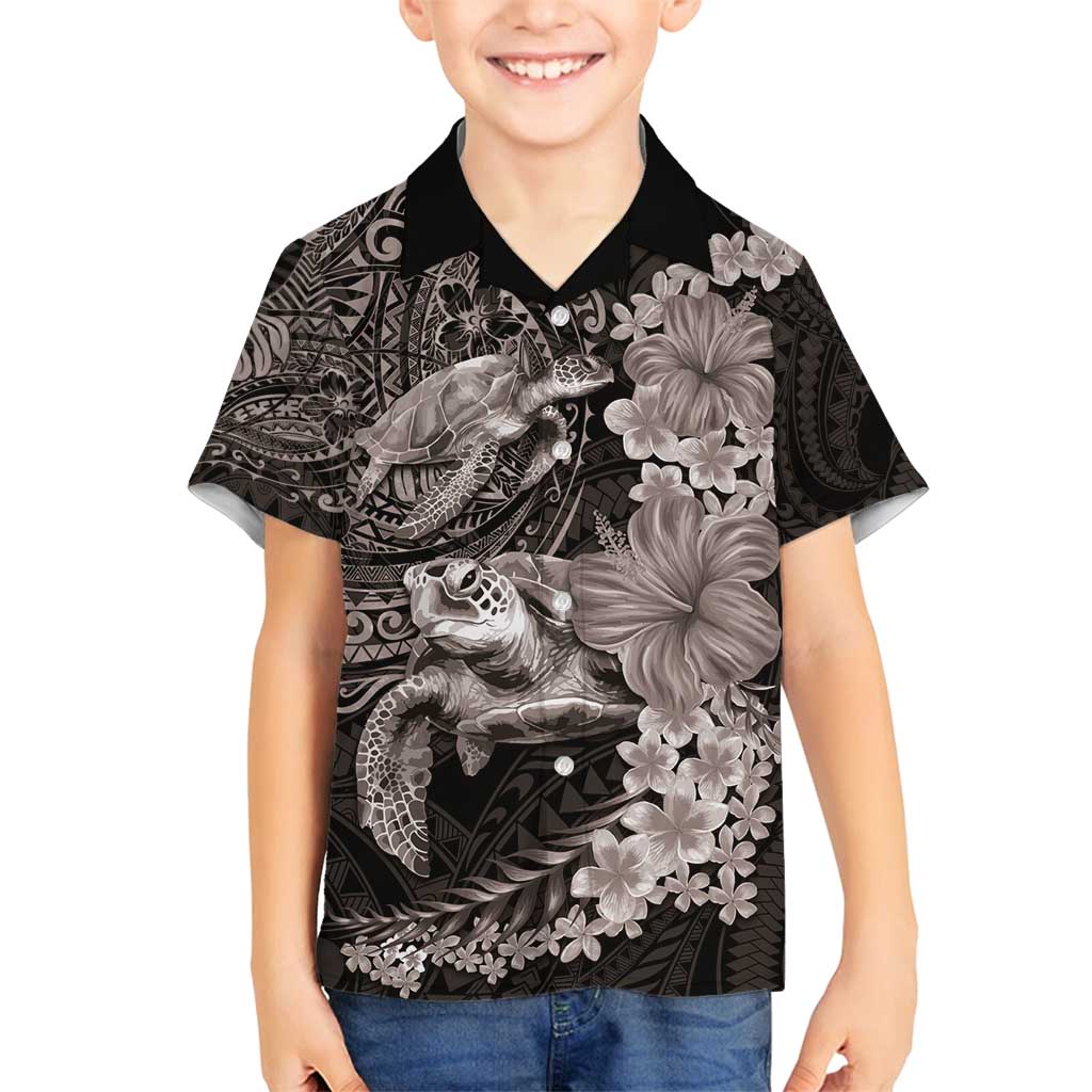 Hawaiian Plumeria and Hibiscus with Turtles Family Matching Tank Maxi Dress and Hawaiian Shirt Polynesian Art Grayscale LT03 Son's Shirt Black - Polynesian Pride
