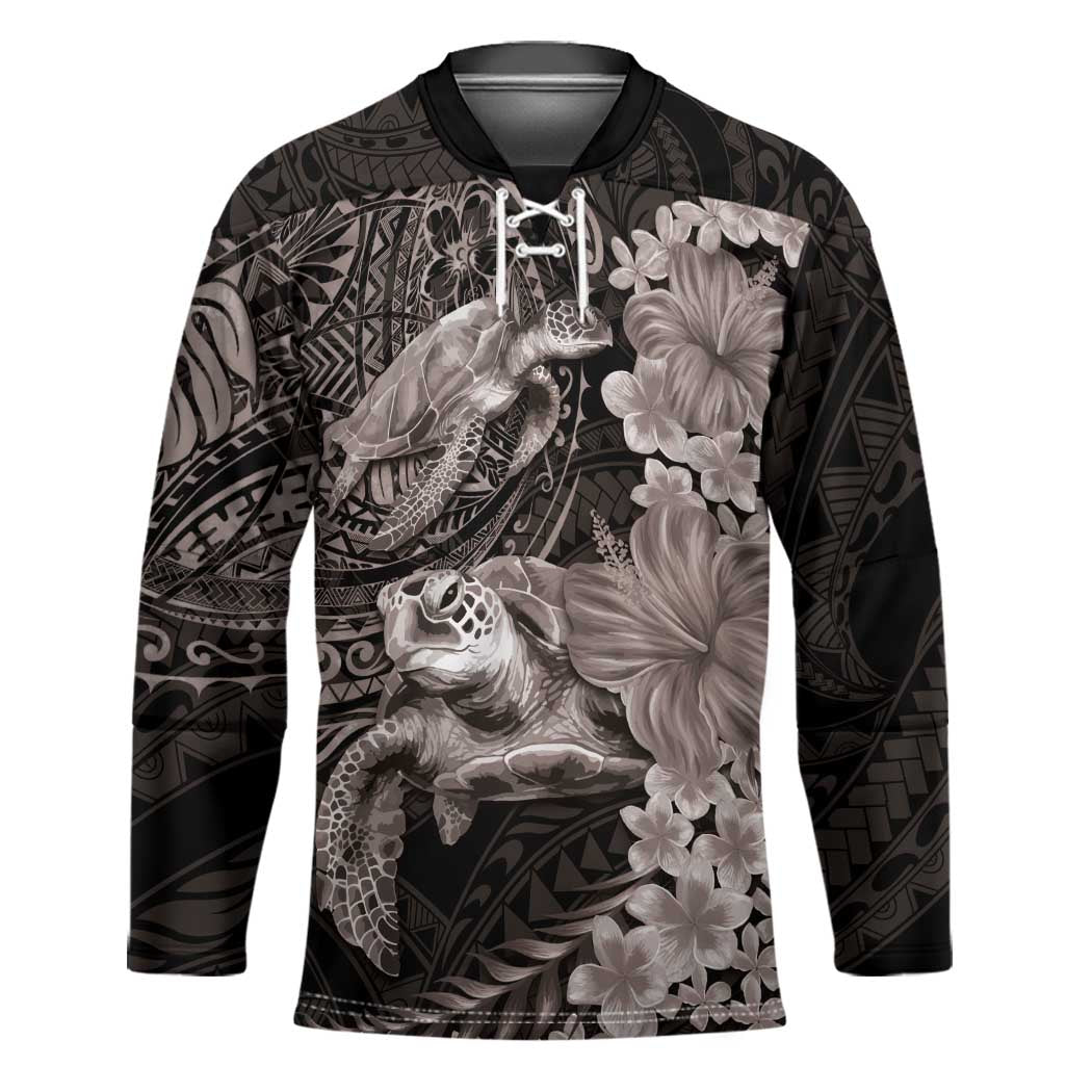 Hawaiian Plumeria and Hibiscus with Turtles Hockey Jersey Polynesian Art Grayscale - Polynesian Pride