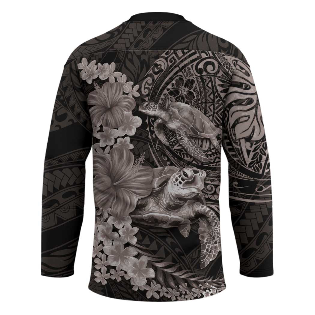 Hawaiian Plumeria and Hibiscus with Turtles Hockey Jersey Polynesian Art Grayscale - Polynesian Pride