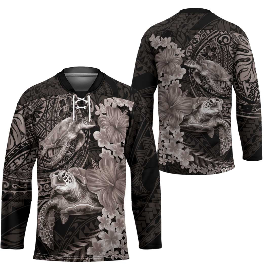 Hawaiian Plumeria and Hibiscus with Turtles Hockey Jersey Polynesian Art Grayscale - Polynesian Pride