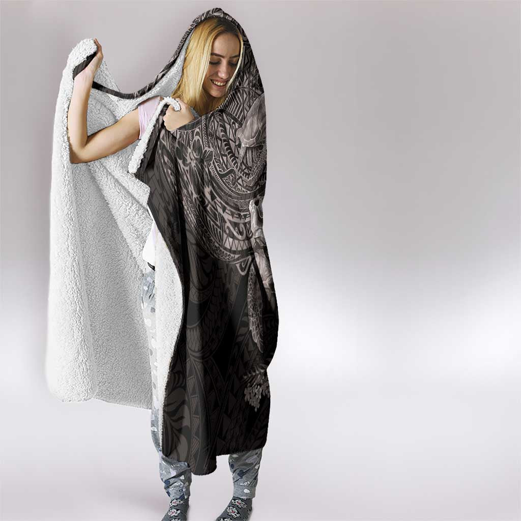 Hawaiian Plumeria and Hibiscus with Turtles Hooded Blanket Polynesian Art Grayscale - Polynesian Pride