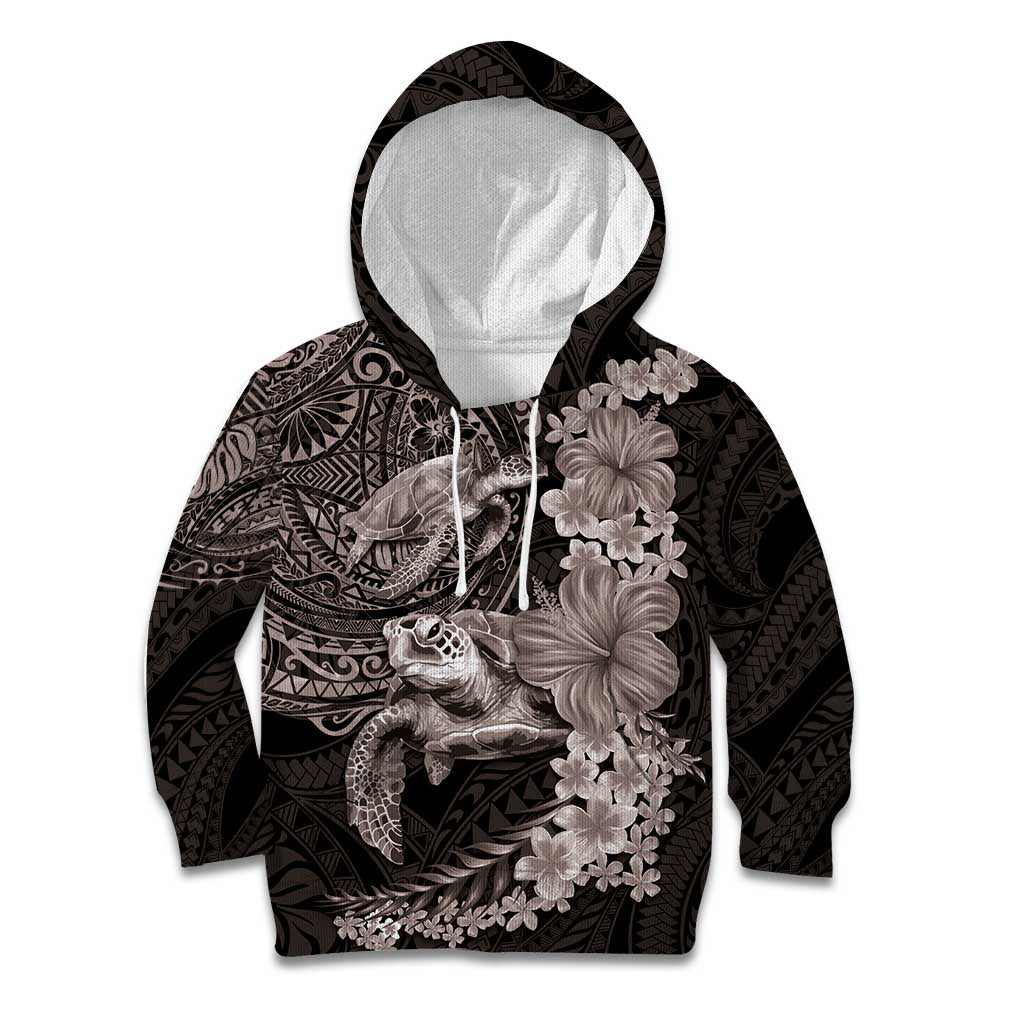 Hawaiian Plumeria and Hibiscus with Turtles Kid Hoodie Polynesian Art Grayscale - Polynesian Pride